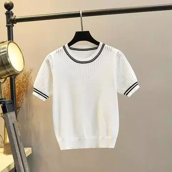 Ice Silk Sweater Women s round Neck Short Sleeve T-Shirt Summer Thin Western Style Cut Out Easiest for Match K-style Silm Inner Wear Base White S