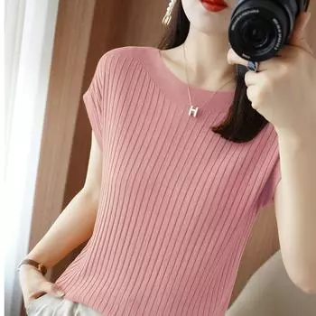 Ice Silk T-shirt Loose off Shoulder Summer Pullover Short Sleeve Pink 2XL