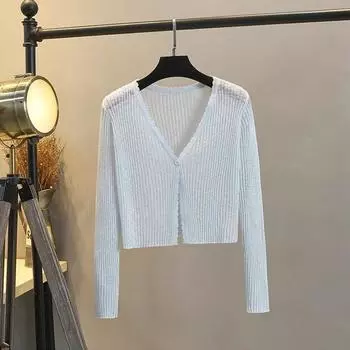 Ice Silk Thin Jacket Suspender Skirt Knitted Cardigan Blue -1 button M