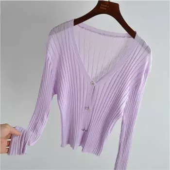 Ice Silk Thin Top V-neck Slimming Shawl and Sunscreen Shirt Violet All yards