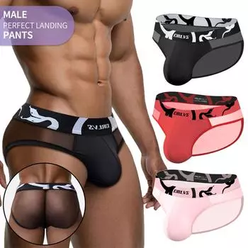 Ice Silk Transparent Underwear Stitching Large U Pouch Men s Briefs Sexy Low Waist Convex Underpants Man Sports Panties M