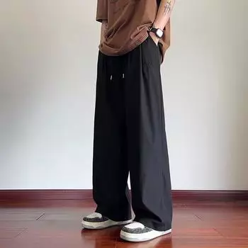 Ice Silk Wide-leg Pants Men s Summer Thin Quick-drying Sweatpants Straight Loose Casual Trousers American High Street Pants Men M чёрный