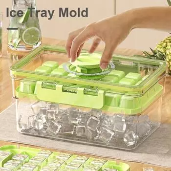 Лоток для льда с крышкой. Двухслойный генератор кубиков льда для морозильной камеры. Кубики с полостями 28/56. Пищевой лед. Dual Layer зелёный