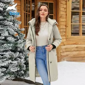 ICEbear 2024 New Winter Womens Jacket with Hood Warm Thickened Coat Windproof Parka With Belt AGWD22599I 42 зелёный