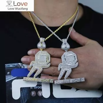 Iced Out Bling Cz Letter Chasing Money Подвеска Ожерелье Кубический цирконий Доллар Символ Сумка для денег Мужская мода Хип-хоп Ювелирные изделия Only Charm No Chain