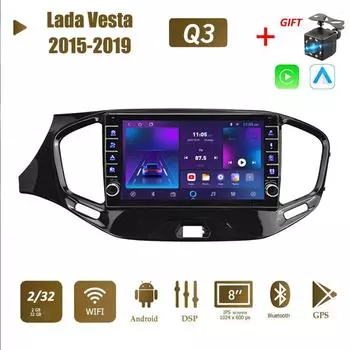 icreative Автомобильное стерео радио на базе Android 2 Din для Lada Vesta 2015-2019 с кнопочной ручкой, GPS-навигацией, мультимедийным видеоплеером Carplay, 2 + 32 ГБ 1+16GB