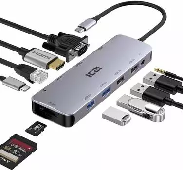 ICZI USB C Hub Тип C Hub HDMI Conversion адаптер Док-станция 1 Гбит/с LAN Dual Display Multi Display MacBook Air iPad 11-в-1, [4k