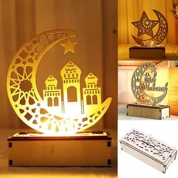 Ид Мубарак Деревянный Ночной Светильник Рамадан Вечеринка Орнамент Светодиодная Лунная Настольная Лампа Мусульманская Moon (A) теплый белый