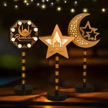 Ид Мубарак Луна Звезда Лампа Деревянное Украшение 2025 Рамадан Карим Домашнее Украшение Стола Светодиодный Фонарь Исламский Мусульманский Подарок Для Вечеринки Star
