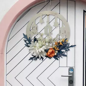 Ид Рамадан Мубарак Венок Искусственный AL Fitr 30 см Деревянный Подвесной Знак для Крыльца Crescent