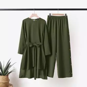 Ид Рамадан Женский Мусульманский Комплект Из Двух Частей Спортивный Костюм Исламский Мусульманский Ансамбль Повседневный Блузка С Длинным Рукавом Широкие Брюки Комплекты XXXXXL чёрный