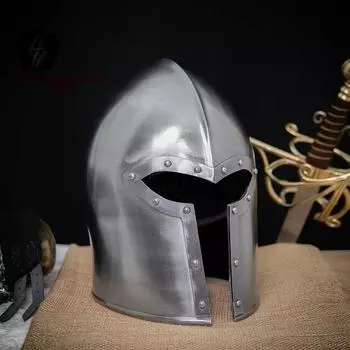 Идеальный баланс Барбута Барбута Шлем | Шлем для взрослых ручной работы из полированной стали 16G с регулируемой черной кожаной подкладкой и ремешком на подбородке