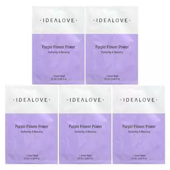 Idealove, Purple Flower Power, 5 косметических тканевых масок, 25 мл (0,85 жидких унций) каждый