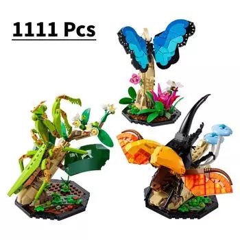 Идеи 21342 Строительные блоки Коллекция насекомых, Подарки для любителей природы, Модели бабочки Морфо в натуральную величину, жука и богомола