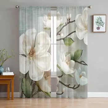 Идиллические белые цветы, винтажные фоновые тюлевые шторы для гостиной, кухни, современные оконные занавески, вуали 135W x 114H(cm)