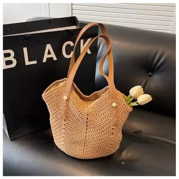 Idle Style Cotton Woven Bag Women Summer 2025 New Seaside Vacation Beach Bag Large Capacity Shoulder Tote Bag Khaki