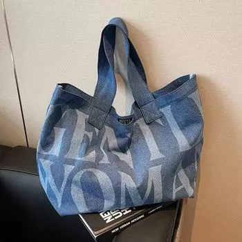 Idle Style Denim Bag Women Large Capacity Short-Distance Travel Portable Canvas Shopping Bag Shoulder Commuter Tote Big Bag Cowboy Blue