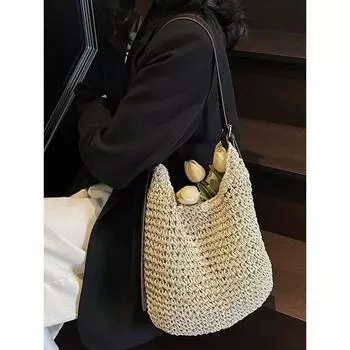 Idle Style Handmade Woven Bag 2025 Summer New Simple Shoulder Messenger Bag Commuter Large Capacity Tote Bag Beige White