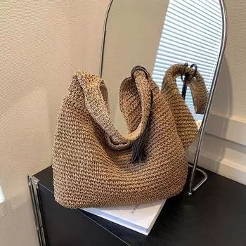 Idle Style Straw Bag Women Summer 2025 New Seaside Vacation Shoulder Woven Bag Large Capacity Commuter Tote Bag Khaki