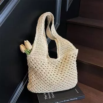 Idle Style Straw Woven Bag Women Summer 2025 New Seaside Vacation Beach Woven Bag Large Capacity Shoulder Tote Bag Beige White