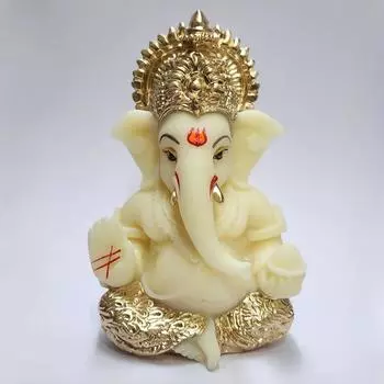 Идол Ганеши цвета слоновой кости, золотистый, античный для приборной панели автомобиля, офисного стола и домашнего декора | Полирезин | Высота 3,3 дюйма
