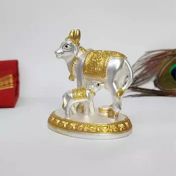Идол коровы Камдхену с теленком с золотым и серебряным покрытием и матовой отделкой | Домашний декор Гай Бачда Корова | Теленок для Васту | Положительная энергия | Богатство