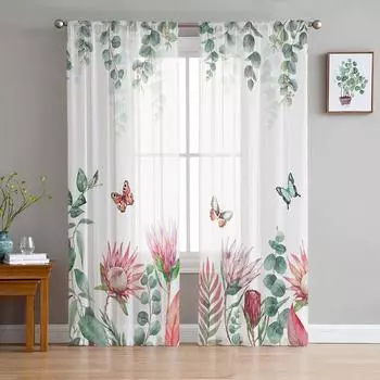 Idyllic Tropical Plants Flowers Butterflies Sheer Curtains for Living Room Decor Window Curtains Kitchen Tulle Voile Curtains W135 x H115cm x1