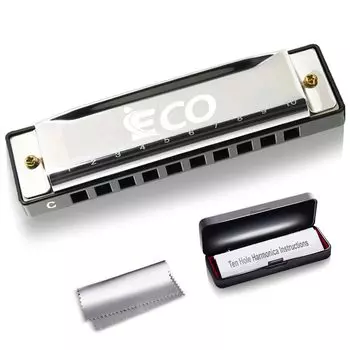 iECO Диатоническая губная гармошка с 10 отверстиями для блюзовой гармошки для начинающих и продвинутых пользователей. Инструкции по полировке. Футляр для тона C, ткань, в комплекте.