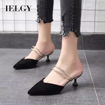 IELGY Baotou Сандалии женские на шпильке с острым замшем, двойная одежда 34 чёрный