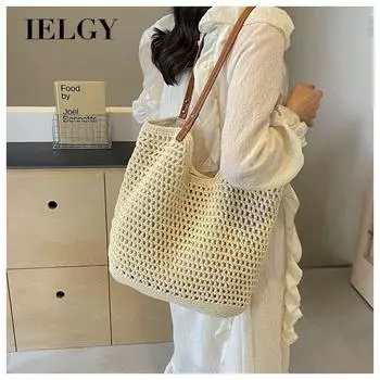 IELGY Большая вместительная сумка ручной работы, женская универсальная соломенная сумка через плечо для пляжного отдыха и пригородных поездок. бежевый