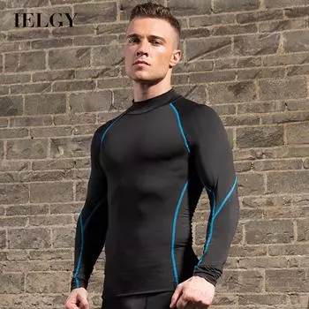 IELGY быстросохнущая спортивная футболка с воротником-стойкой, мужская эластичная футболка с длинным рукавом и высоким воротником для фитнеса S чёрный