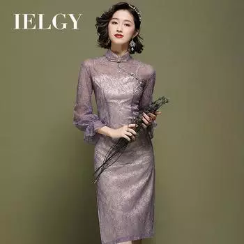 IELGY Cheongsam юбка женская кружевная ретро повседневная для похудения средней длины полое платье фиолетового цвета для женщин S фиолетовый