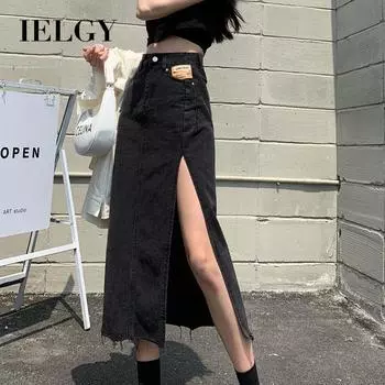 IELGY джинсовая юбка с завышенной талией и боковым разрезом, летняя тонкая сумка трапециевидной формы, длинная юбка на бедрах S чёрный