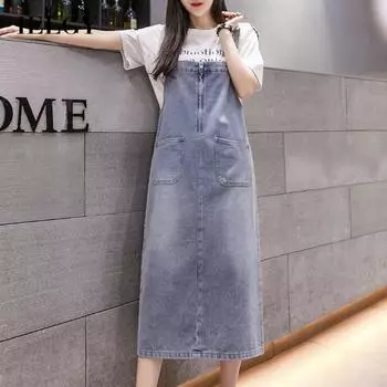 IELGY Джинсовая женская одежда Универсальная тонкая юбка на бретельках Повседневное платье средней длины со средней талией S синий