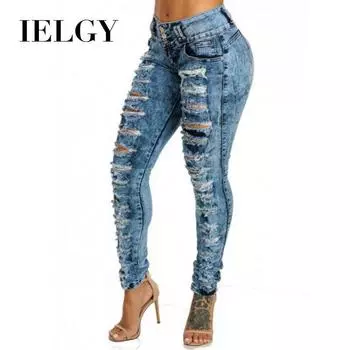 IELGY Джинсы с высокой талией, женские модные рваные джинсы на маленькую ногу с несколькими отверстиями, украшением в виде пуговиц, дикие брюки, низ S королевский синий