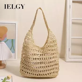 IELGY Французская соломенная сумка через плечо большой вместимости, портативная пляжная сумка с полой сумкой для отдыха на море бежевый