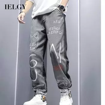 IELGY High Street Личность Граффити Свободные прямые брюки Студенческие уличные джинсы с завязками на шнуровке для ног Жареные уличные джинсы S серый