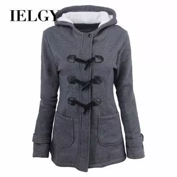 IELGY хлопковая куртка с капюшоном женская смешанная пряжка свободная мода средней длины размера плюс S кофейный