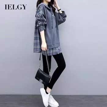 IELGY хлопковый искусственный свитер из двух предметов с капюшоном, корейская версия, свободное женское новое платье больших размеров для мам M серый