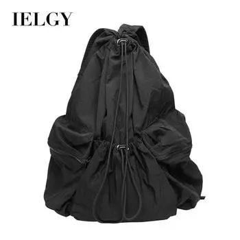 IELGY Повседневный японский холщовый рюкзак, модный плиссированный нейлоновый школьный рюкзак, небольшой свежий рюкзак на шнурке. чёрный