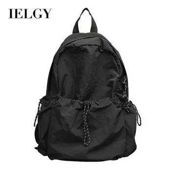 IELGY Japanese casual literary nylon backpack, fashionable student pleated schoolbag, drawstring Oxford cloth backpack. чёрный