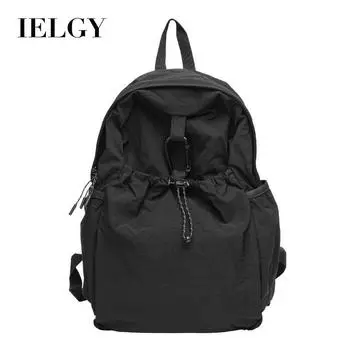 IELGY Japanese casual literary nylon backpack, fashionable pleated contrasting color schoolbag, canvas drawstring pink backpack. чёрный