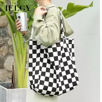 IELGY Корейская версия повседневной литературной холщовой сумки, простая контрастная цветная сумка с принтом, модная клетчатая сумка через плечо зелёный
