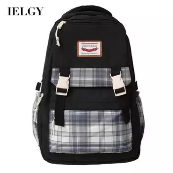 IELGY Корейская версия рюкзака большой емкости для женщин, модная повседневная нейлоновая сумка с клетчатым узором чёрный