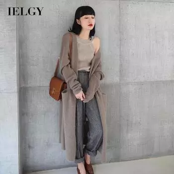 IELGY Корейский длинный вязаный кардиган, свободное черное пальто One size чёрный