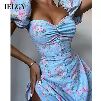 IELGY летнее короткое женское платье небесно-голубого цвета с цветочным принтом на груди и рукавами-фонариками на талии S синий