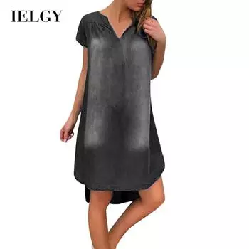 IELGY Летний новый стильный пуловер с v-образным вырезом и короткими рукавами, джинсовое летнее тонкое платье S серый
