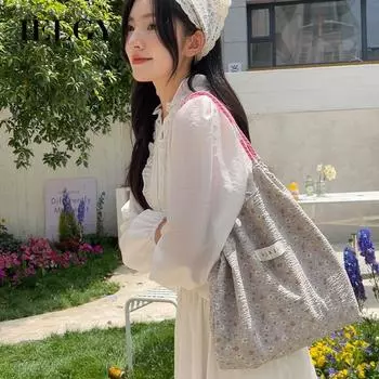 IELGY Маленькая большая сумка с цветочным принтом в корейском стиле, универсальная холщовая сумка через плечо большой вместительности. розовый