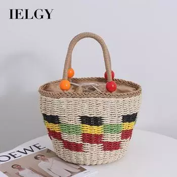IELGY Милая соломенная сумка ручной работы из деревянных бусин, маленькая свежая и красочная клетчатая сумка ручной работы, пляжная корзина для пикника с фруктами