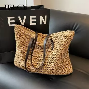 IELGY Модная соломенная сумка большой вместимости, пляжная сумка, повседневная сумка через плечо для отдыха. бежевый